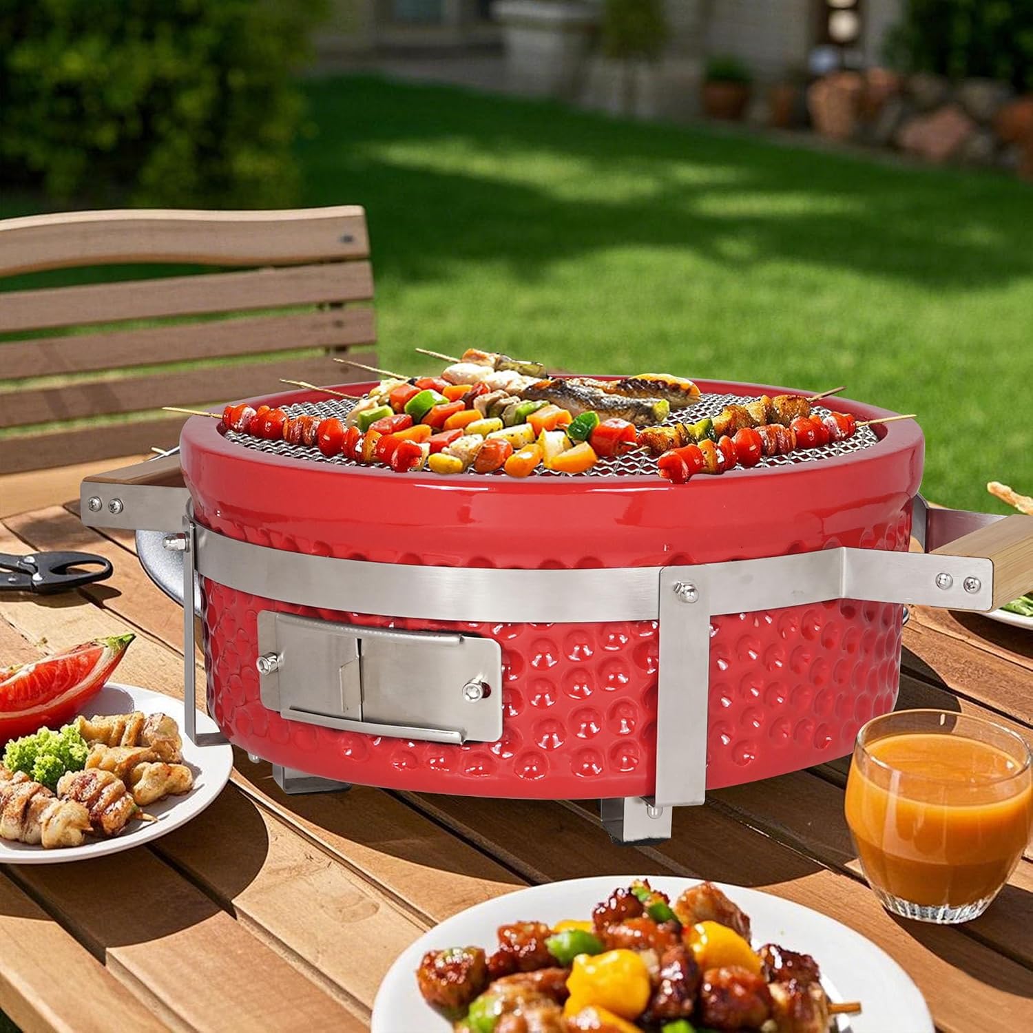Yakitori Charcoal Grill, Japanese Ceramic Tabletop BBQ Grill with Stainless Steel Stand & Grid Lifter, Portable Indoor/Outdoor Hibachi Grill for 2–5 People, 16'x9', Red, Gift for Chrismas