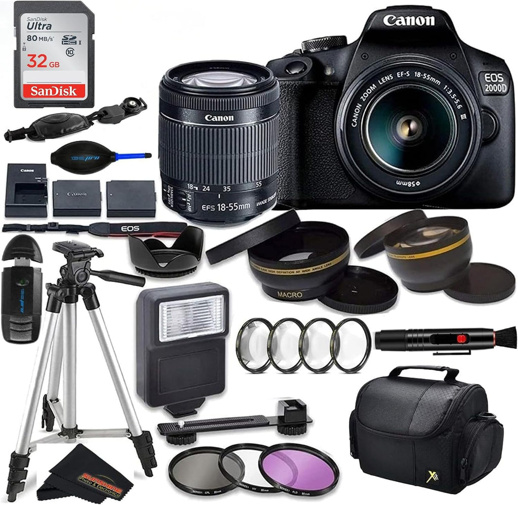 Canon Intl. EOS 2000D (Rebel T7) DSLR Camera wCanon EF-S 18-55mm F3.5-5.6 III Lens and Sunshine Photo Professional Accessories Bundle... (Renewed)