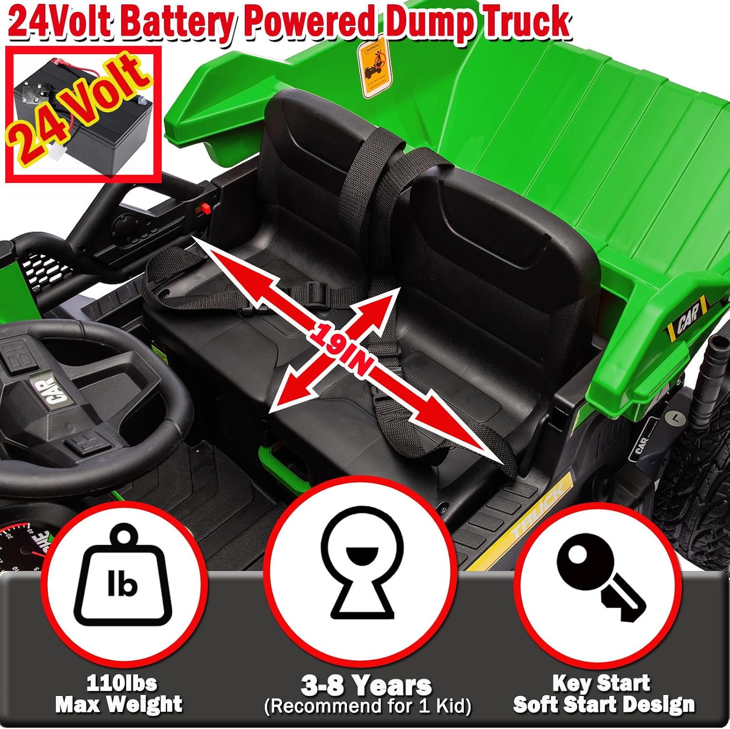 NEWQIDA 24V Ride on Dump Truck, Kids Electric Car with Remote Control, Ride on Construction Vehicles w/Electric Dump Bed, Shovel, 2x75W Powerful Motors, Up to 4.4Mph, EVA Tires, Soft Start, Green