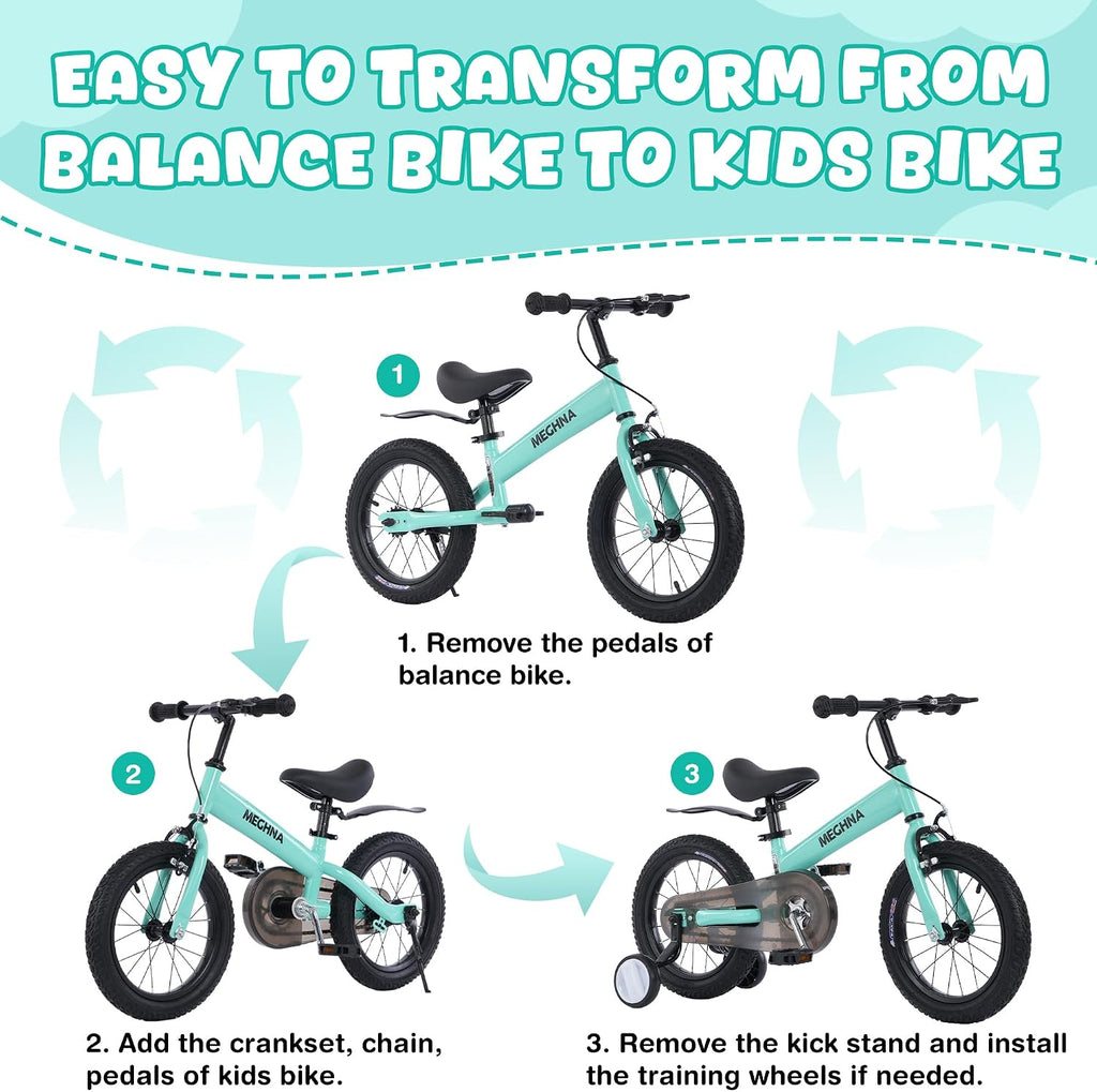 MEGHNA 2 in 1 Toddler Balance Bike 14 inch Wheel Kids Bike Aged 3-7 Years Old with Footrest Detachable Training Wheels Caliper and Coaster Brake Strider Bike for Boys Girls, Easy to Assembly
