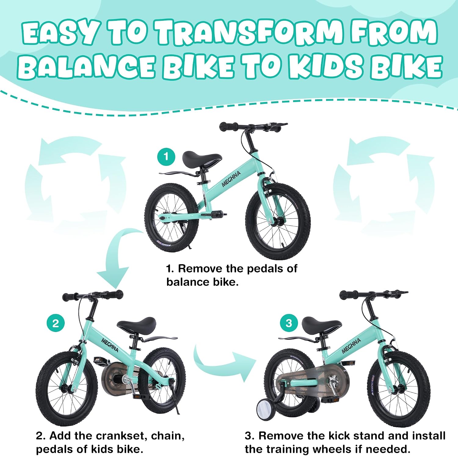 MEGHNA 2 in 1 Toddler Balance Bike 14 inch Wheel Kids Bike Aged 3-7 Years Old with Footrest Detachable Training Wheels Caliper and Coaster Brake Strider Bike for Boys Girls, Easy to Assembly
