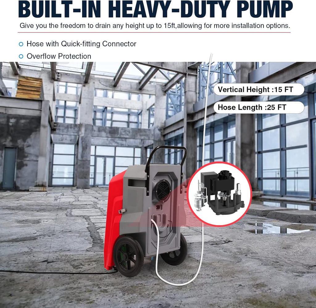 MOUNTO 180Pints Commercial Dehumidifier with Pump and Drain Hose, LGR Portable Dehumidifier with wheels for Home, Basements, Garages, and Job Sites. (Red)