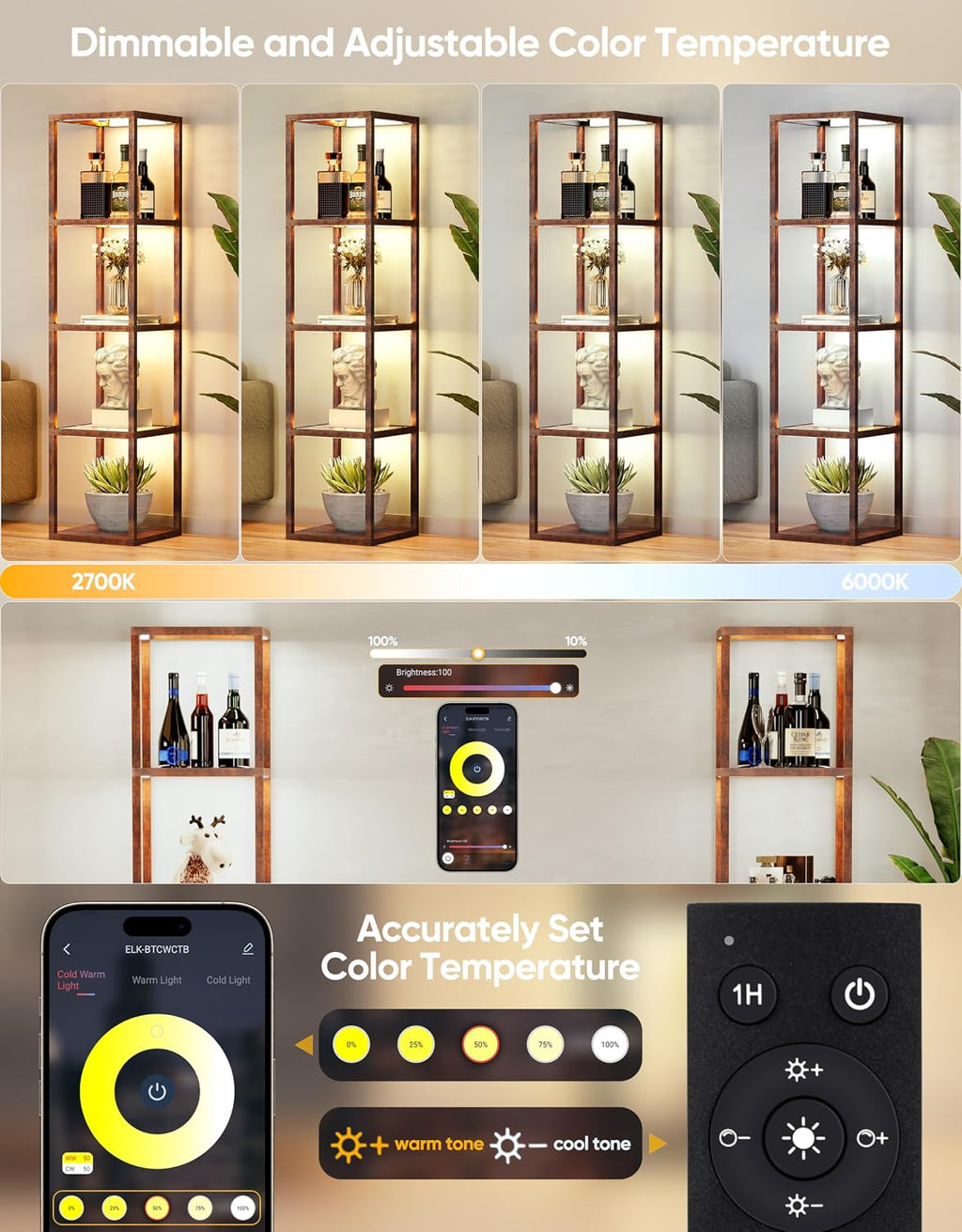 PARTPHONER Floor Lamp Glass Display Shelf with Remote/APP Control, Dimmable LED Floor Lamp with Shelves, Open Display Cabinet, Color Temp Control (2700K-6000K), Rustic Brown