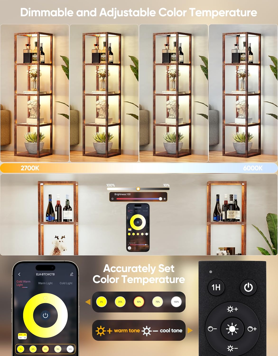 PARTPHONER Floor Lamp Glass Display Shelf with Remote/APP Control, Dimmable LED Floor Lamp with Shelves, Open Display Cabinet, Color Temp Control (2700K-6000K), Rustic Brown