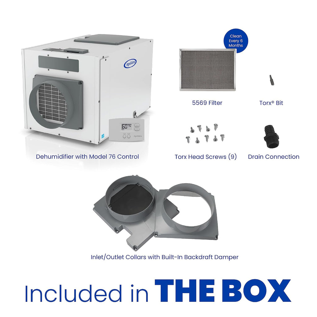 AprilAire E130 Pro 130-Pint Whole-House Dehumidifier with Model 76 Control, Automatic On/Off, White