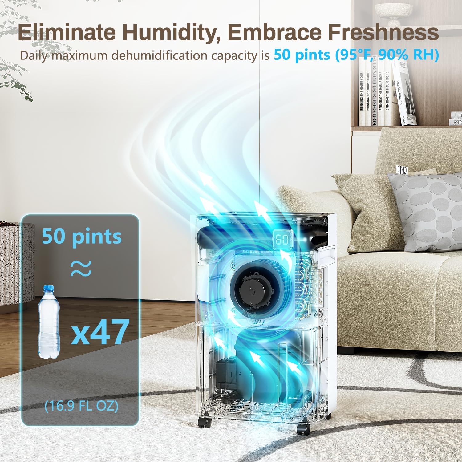 Dehumidifiers for Home, 50 Pint Dehumidifier for Basement, Bedroom, Bathroom with Drain Hose - Smart Quiet Dehumidifier with 24HR Timer - 3 Working Modes