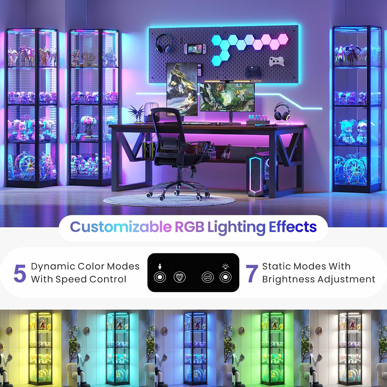Glass Display Cabinet with RGB Lights- 68' Display Case with 4-Tier Shelfs, Corner Curio Cabinets for Collectibles/Toys/Books, LED Storage Cabinet, Black