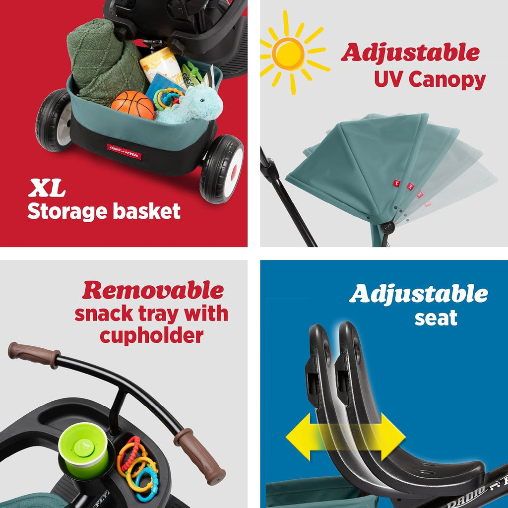 Radio Flyer City 4-in-1 Stroll 'N Trike, Teal, for Riders 1-5 Years Old, 4 Riding Modes, 3 Point Harness with Comfort Pad, Parent Controlled Steering, Rear Storage, Stroller Tricycle for Toddlers