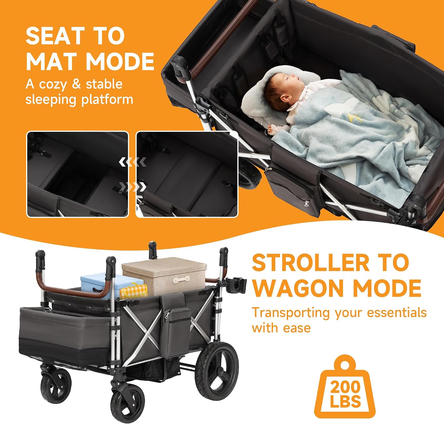 Stroller Wagon 4 Seater, Folding Push Wagon for 4 Kids, Collapsible with 5-Point Safety Belt and Canopy, Adjustable Handle, All-Terrain Mobility