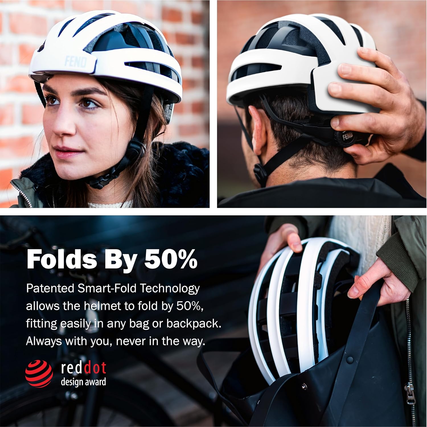 FEND One Foldable Bike Helmet – Patented Smart-Fold 50% Compact Design, Award-Winning Safety CPSC/EN1078 Certified, for Adults, Commuters, E-Bikes, Scooters