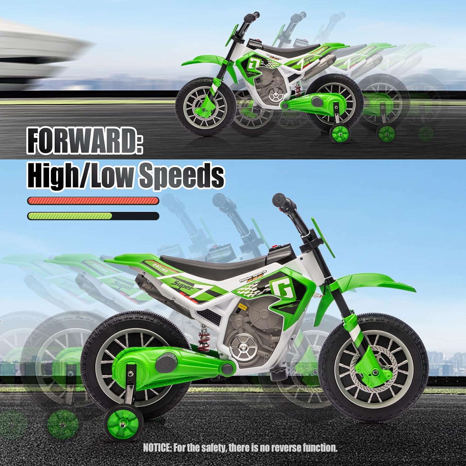 JOYLDIAS Kids Motorcycle Dirt Bike, 12V7AH Battery-Powered Ride On Motorcycle for Kids, Off-Road Street Bike w/Training Wheels, Music, Spring Suspension, High/Low Speeds, Green