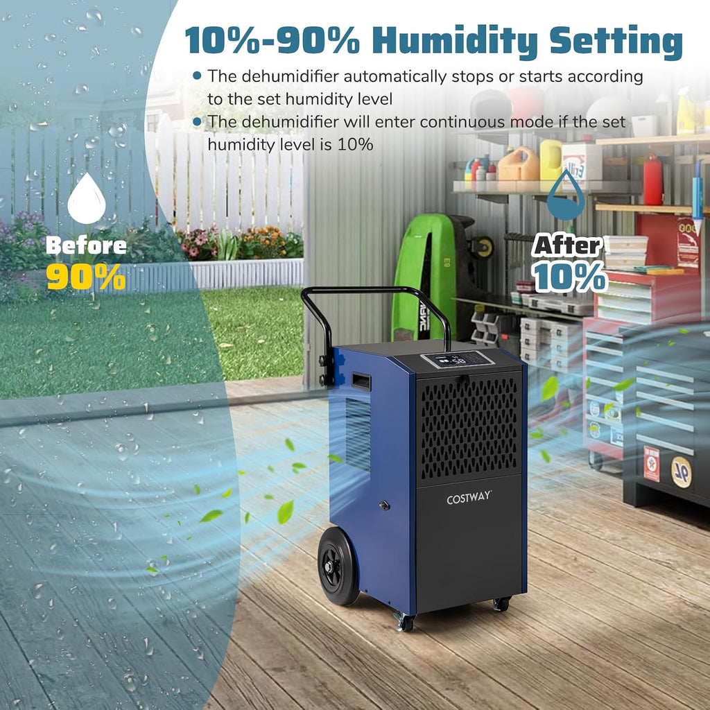 COSTWAY 154 Pints Commercial Dehumidifier with Pump, Portable Industrial Heavy Duty Large Dehumidifier with Drain Hoses for Basements, Job Sites (Blue, 16' x 16' x 31.5')