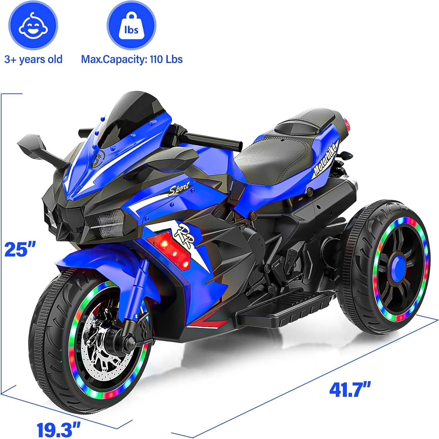 WIIS' IDEA Kids Ride On Motorcycle,12V Electric Battery Powered Ride On Bike,3 Wheels Electric Motorcycle for Kids Ages 3-6 Years with Hand Racing,LED Light-Emitting Tyres,PU seat,Toy Gifts,Blue