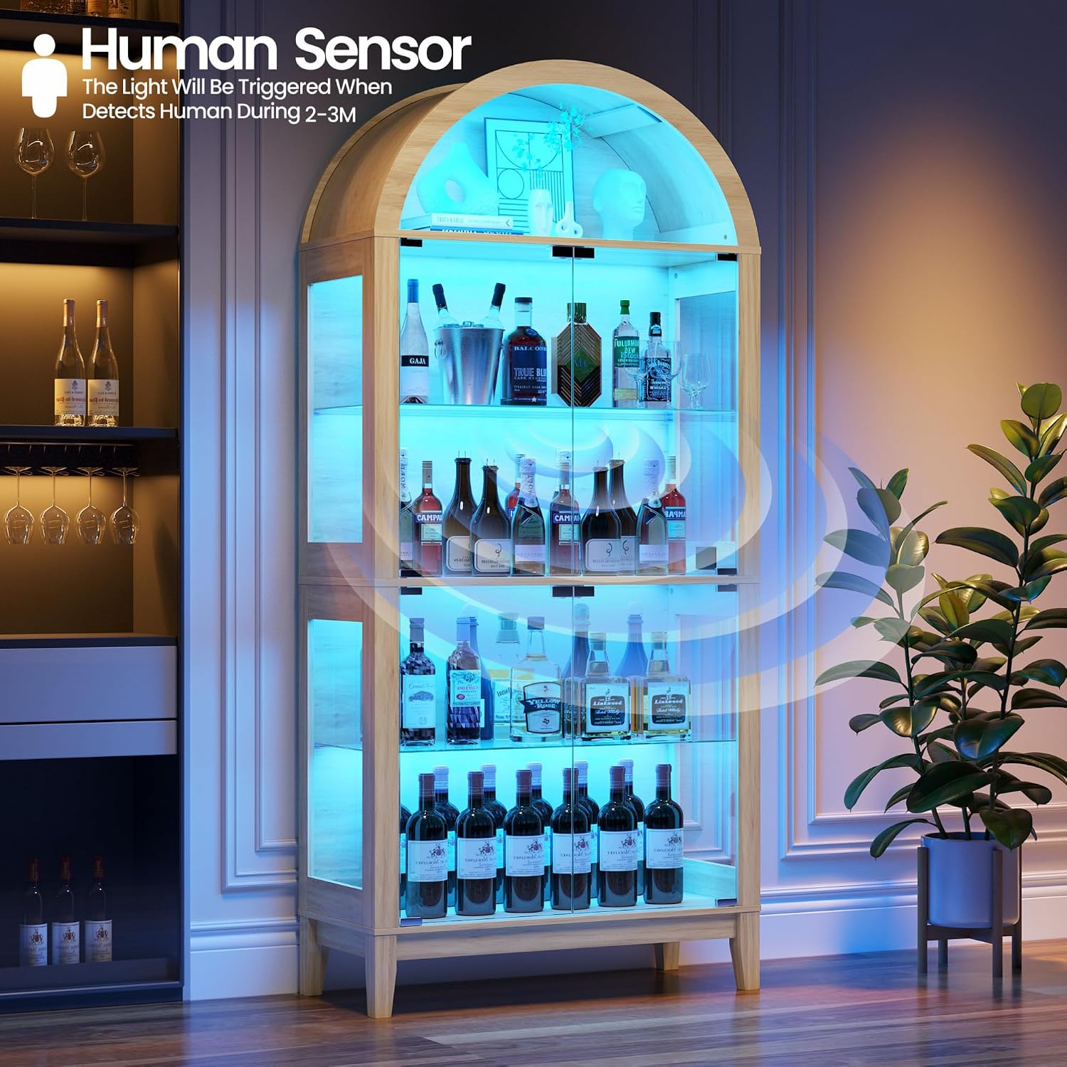 Lvifur Display Cabinet with - Glass Doors,Arched Curio Cabinet with RGB Lights for Collectibles,5-Tiers Tall Display Case with Human Sensor,Showcase Cabinet with Glass Shelf for Living Room (Natural)