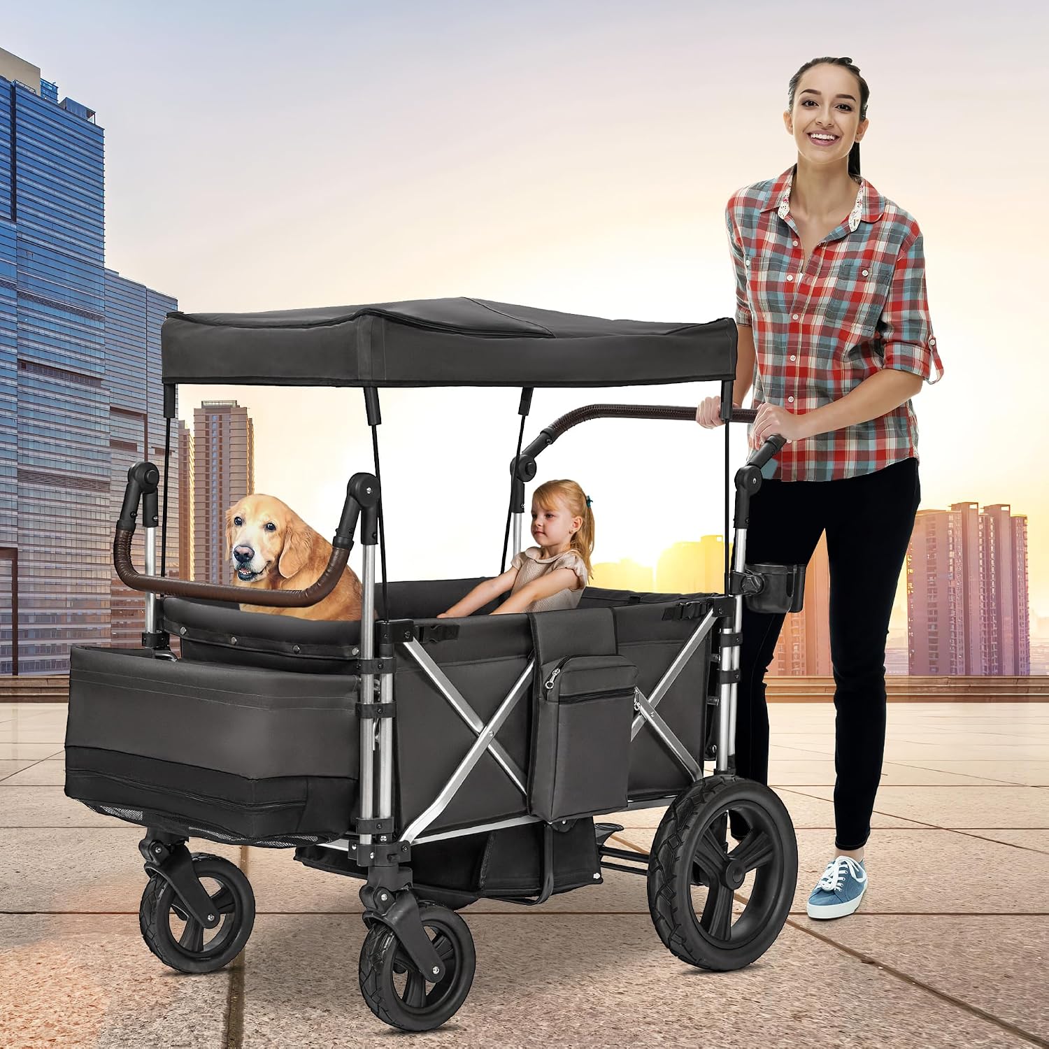 Stroller Wagon 4 Seater, Folding Push Wagon for 4 Kids, Collapsible with 5-Point Safety Belt and Canopy, Adjustable Handle, All-Terrain Mobility