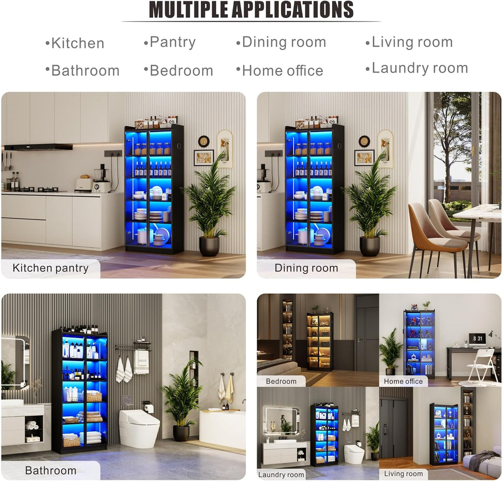 Dystler Display Cabinet with Doors and Adjustable Shelves, 65' Tall Bookcase with LED Lights/Human Sensor, 5 Tier Display Case for Collectibles Bedroom Living Room Office, Black