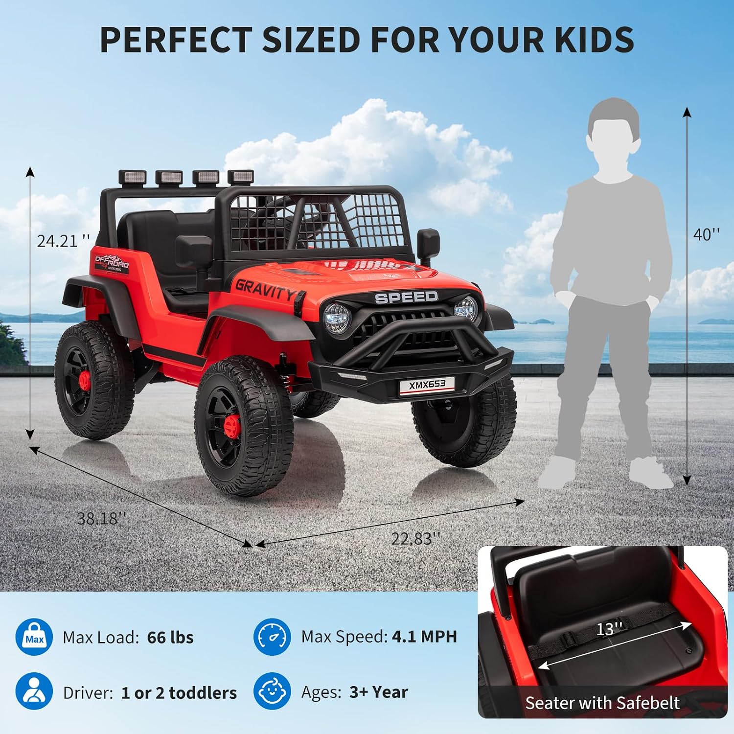 GarveeLife 12V Kids Ride on Car Truck, Kids Electric Vehicles Car Ride on Toy Extra Wide Seat and Legroom for Toddlers with Remote Control, 3 Speeds, LED Light, Music, USB for Children 3-6 Years, Red