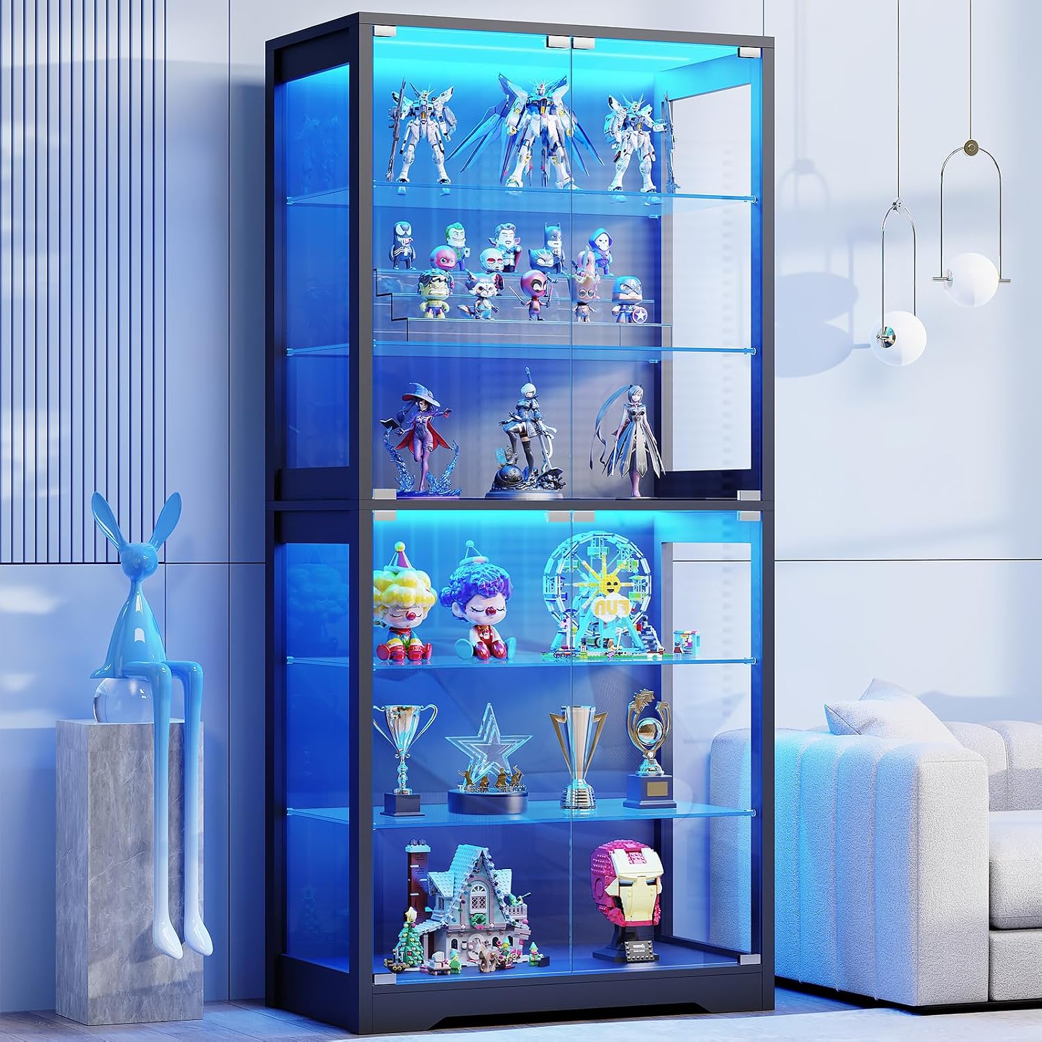 BROTTAR Display Cabinet with Glass Door, 6-Tier 71' Curio Cabinet with 3 Color Lights for Collectibles, Display Case with Adjustable Glass Shelves, Human Body Sensor, Storage Cabinets, Black