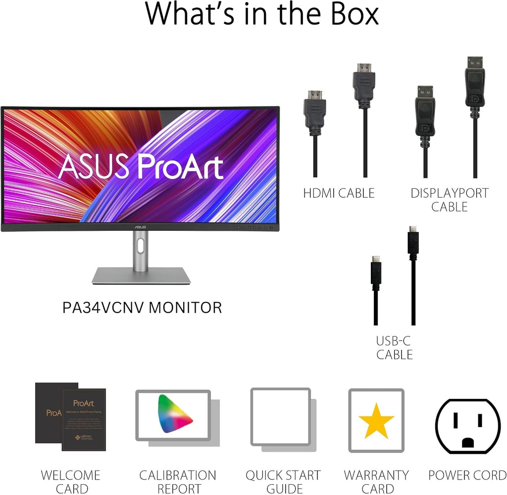 ASUS ProArt Display 34' Ultrawide Curved Professional HDR Monitor (PA34VCNV) - IPS, 21:9 3440 x 1440, 3800R Curve, 100% sRGB/Rec709, ΔE<2, Calman Verified, USB-C Docking PD 96W, RJ45, 3 Year Warranty