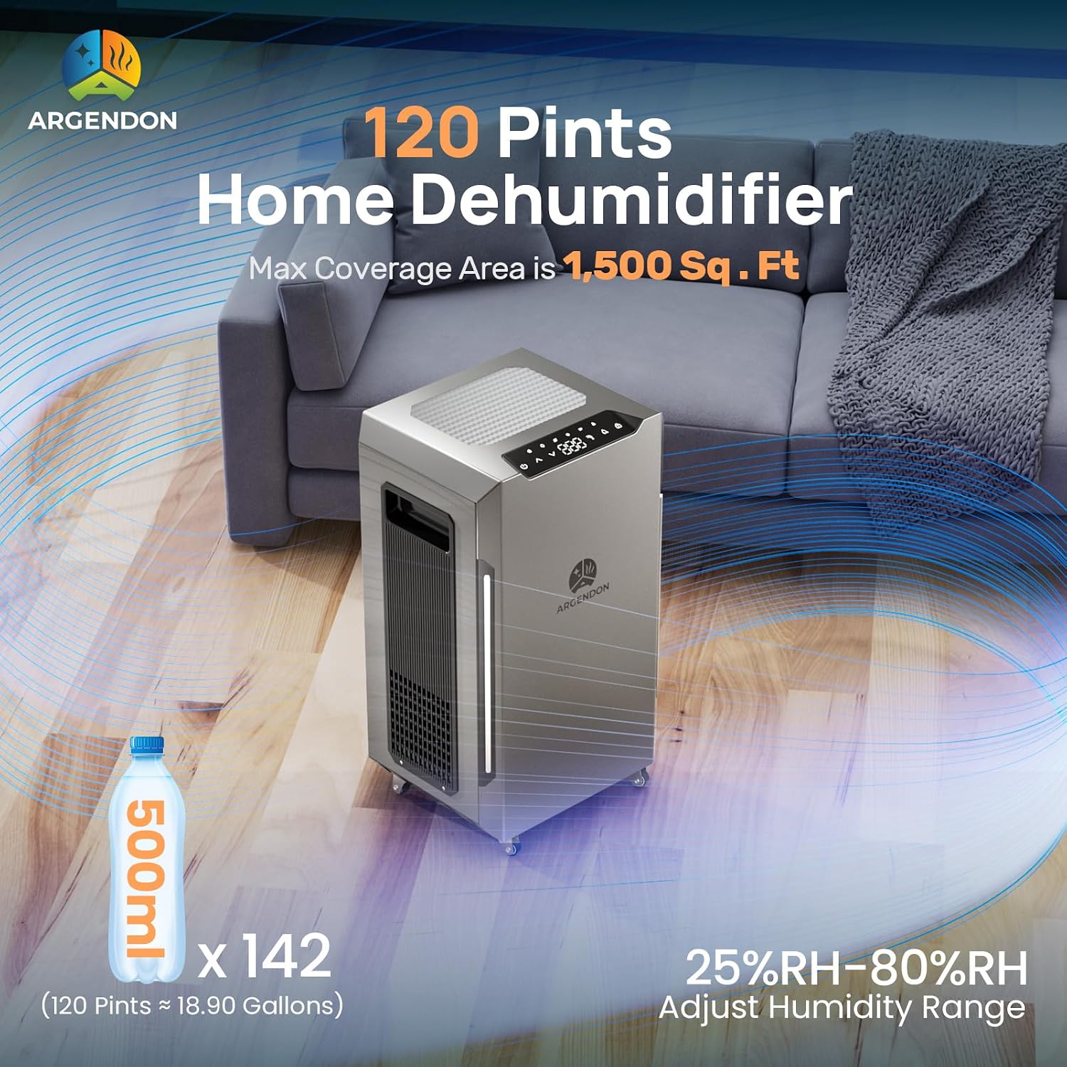 ARGENDON 120 PPD Dehumidifier for Basement, Commercial Dehumidifier with Pump and Drain Hose - High-Capacity Moisture and Humidity Control for Homes, Industrial Use, and Large Space, Sandidry Pro 55C