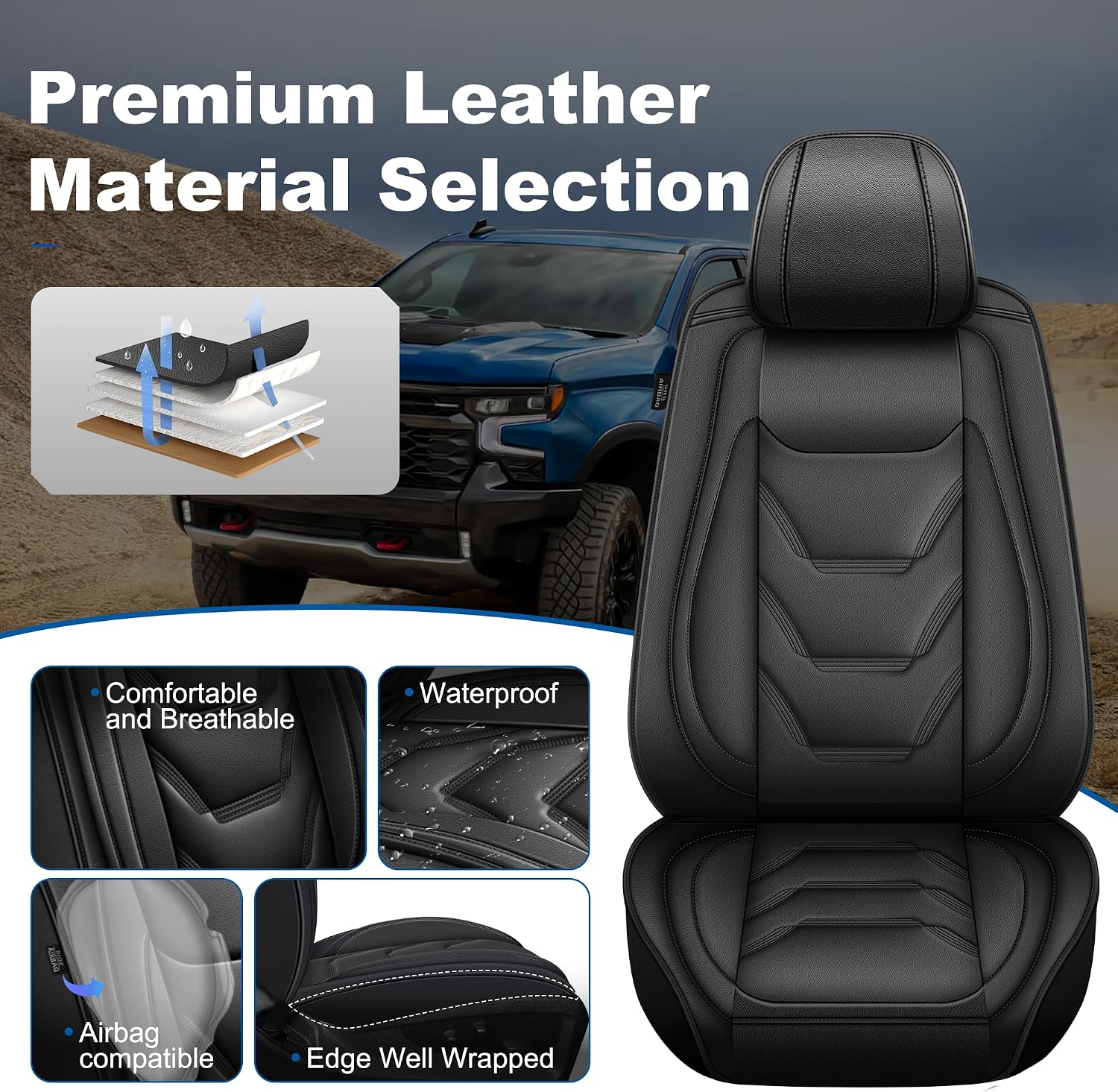 Seat Covers Fit for Truck Chevy Silverado GMC Sierra 1500/2500/3500HD Trail Boss Z71 2007-2025 2026 Double Extended Cab Waterproof Faux Leather Protectors(5 Seats,Black)