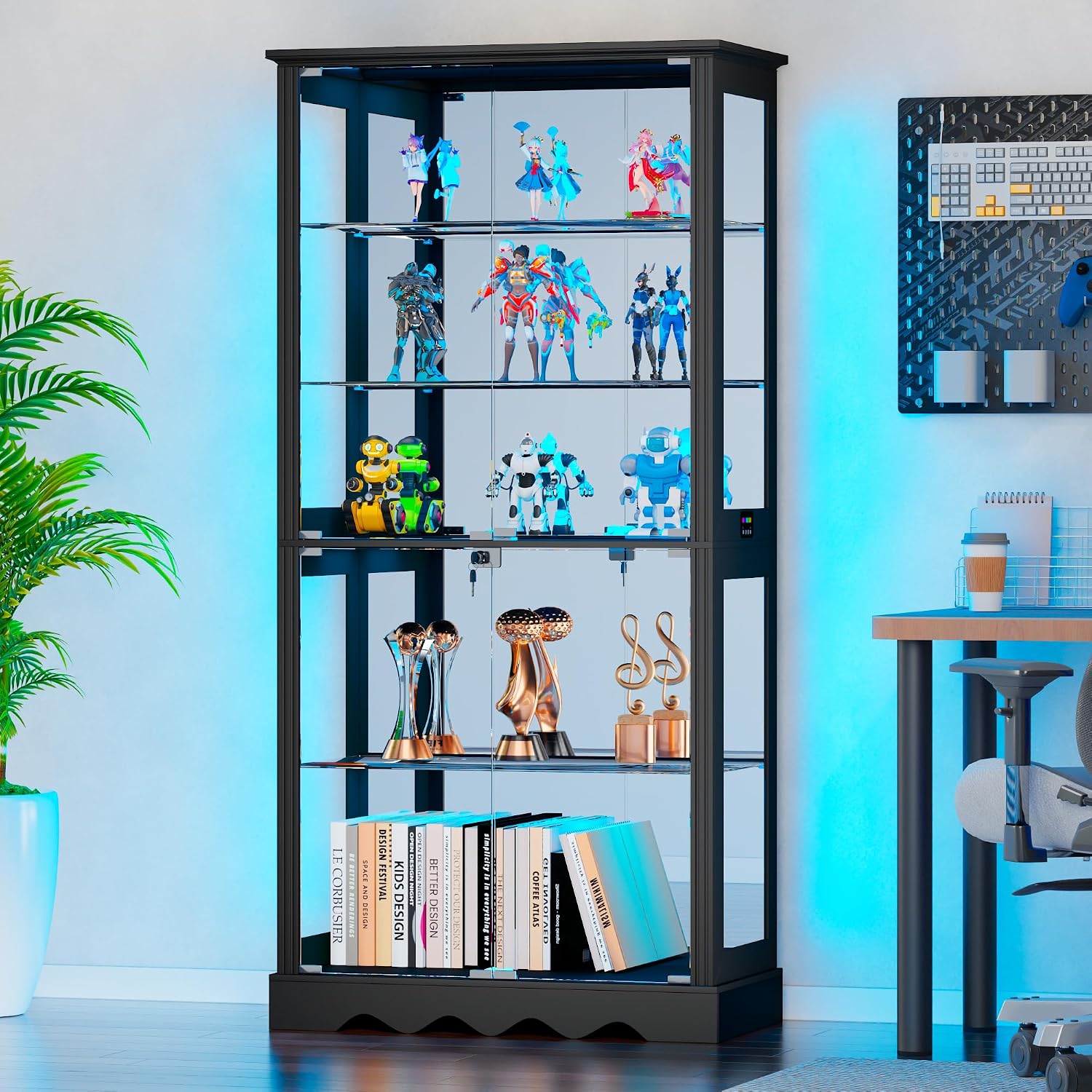 Dystler Display Cabinet with Glass Doors, 71'' Tall Curio Cabinet with RGB Lights for Collectibles, LED Display Case with Removable Shelf for Book/Medal/Figure, Black
