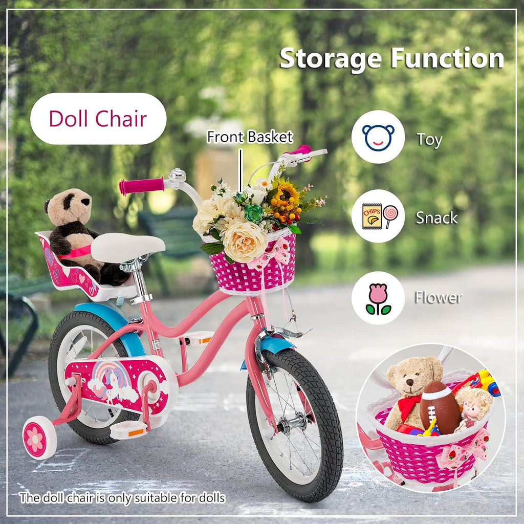GYMAX Kids Bike, 14/16/18 Inch Kids Bicycle with Removable Training Wheels, Coaster Brake, Handbrake, Basket & Doll Chair, Toddler Girls & Boys Bike for Age 3-9