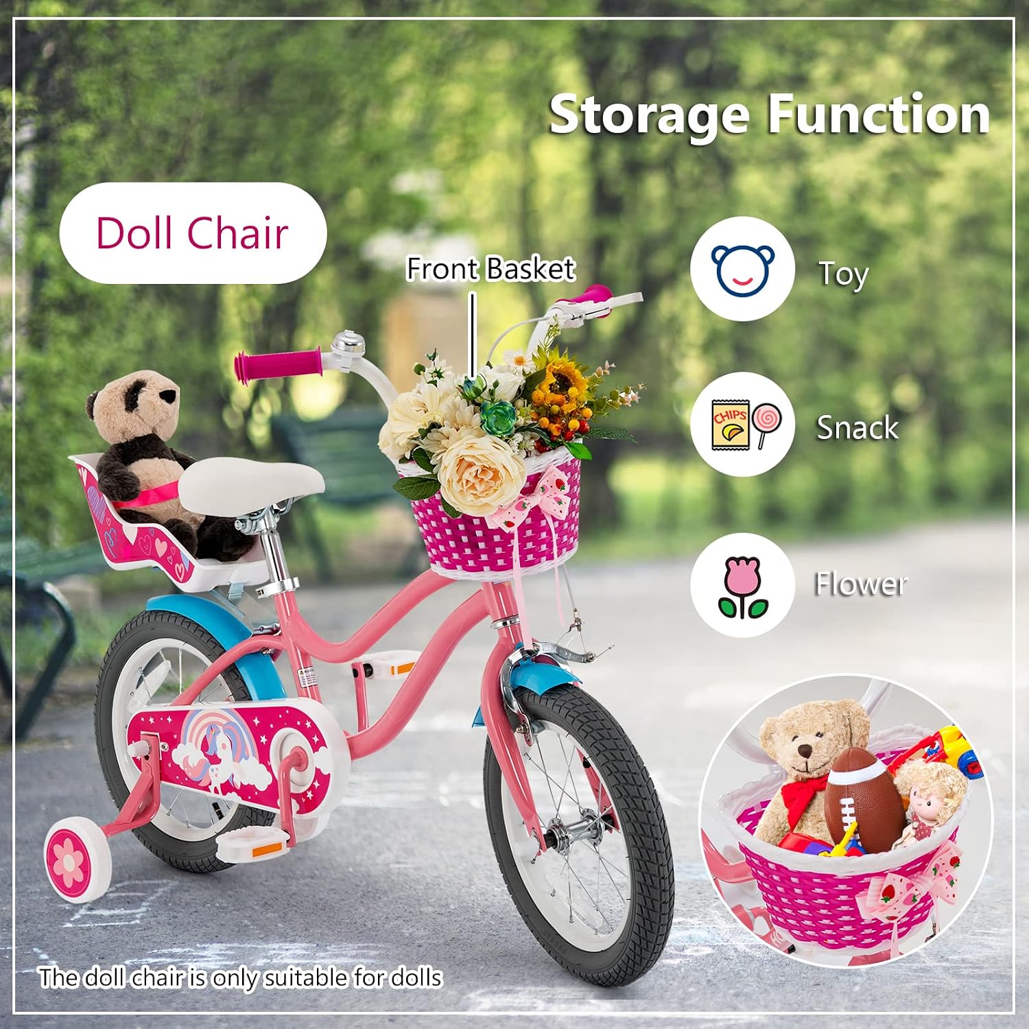 GYMAX Kids Bike, 14/16/18 Inch Kids Bicycle with Removable Training Wheels, Coaster Brake, Handbrake, Basket & Doll Chair, Toddler Girls & Boys Bike for Age 3-9