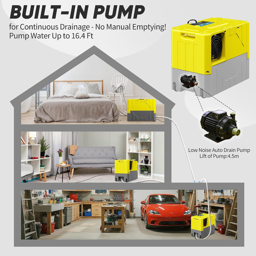 190Pints High Efficiency Commercial Dehumidifier for Basements-6000 Sq.Ft. Industrial Grade Dehumidifiers with Pump & Drain Hose for Crawl Spaces Water Damage Restoration-Light Yellow-1PC