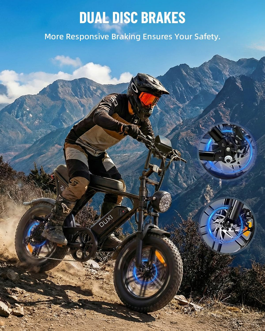 OUXI V8 Series Electric Bike for Adults, Ebike Peak 500W/1000W, 20/31 MPH, 10.4/15/30 AH Removable Battery, 16''/20' Fat Tire Electric Bike, 7-Speed Gear Electric Bicycles, Dual Disc Brakes