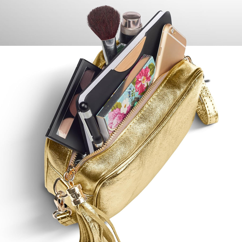 Italian Genuine Metallic Suede Crossbody Bag for Women with Zipper | Small Leather Camera Purse Shoulder Handbag Pocketbook