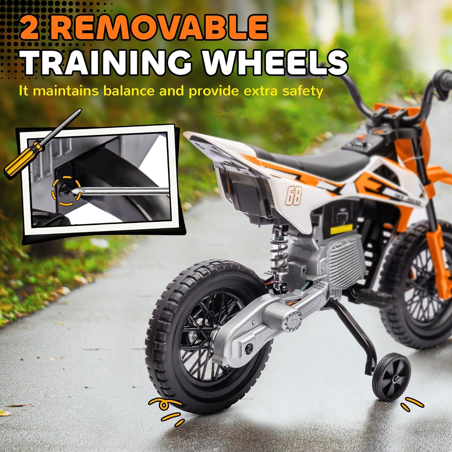 Qaba Kids Dirt Bike with Twist Grip Throttle, 12V Electric Motorcycle, Electric Bike for Toddler with Training Wheels, Spring Suspension & Music, Orange