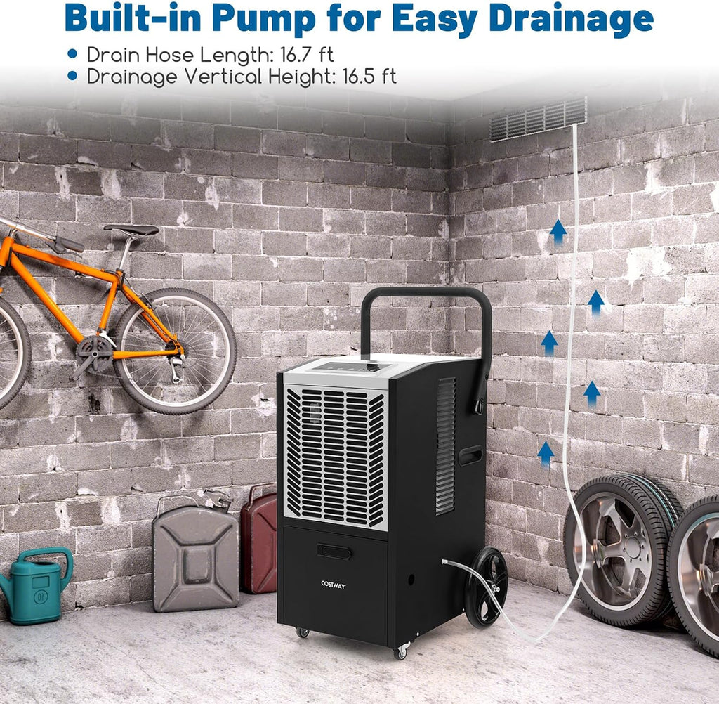 COSTWAY 163 Pints Commercial Dehumidifier, 4500 Sq.Ft Crawl Space Dehumidifier with Pump & Drain Hose, 24H Timer, for Basement, Warehouse, Job Site (White)
