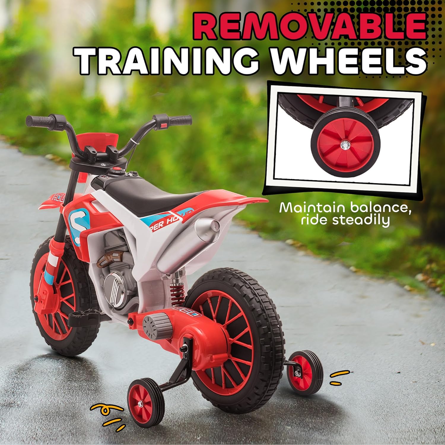 Aosom 12V Kids Motorcycle w/Treaded Tires, 5mph Top Speed Electric Bike for Kids, Ride On Motorcycle w/Training Wheels, Battery Charger, Spring Suspension, Red