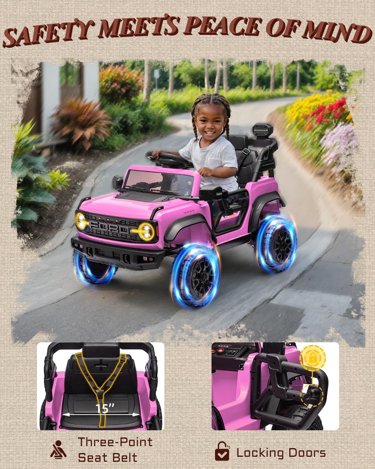 First Ride On 12V Electric Ride on Toys for Toddler, Ford Bronco Raptor Kids Ride on Car with Remote Control, 12 Volt Battery Powered Cars for Children with Smooth Start, Bluetooth (12V, Pink)
