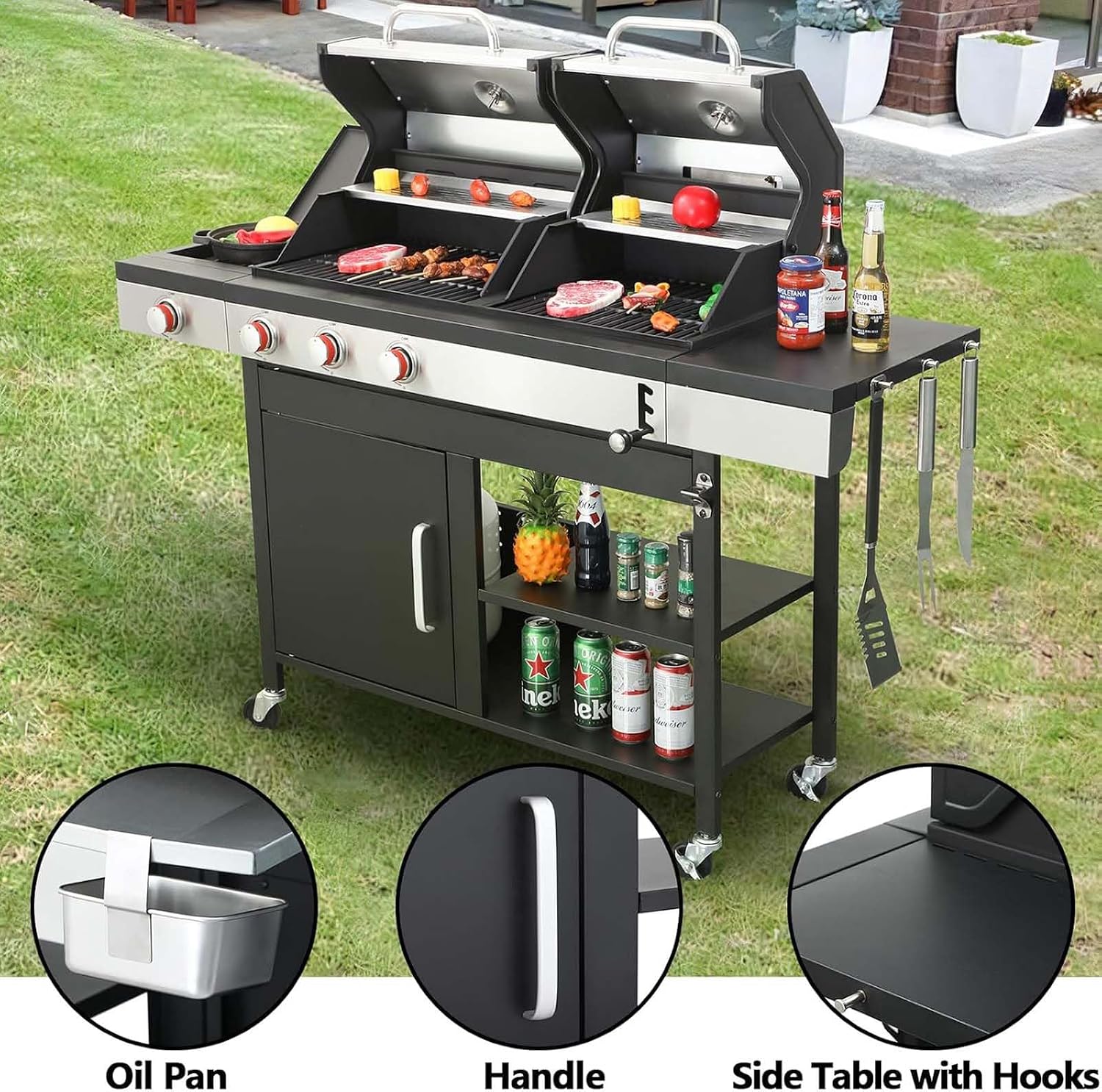 3 Burner Propane Gas and Charcoal Grill Combo with Side Burner & Porcelain-Enameled Cast Iron Grates, 37230BTU Output Dual Fuel Outdoor BBQ Grill for Patio Garden Picnic Backyard Barbecue Cooking