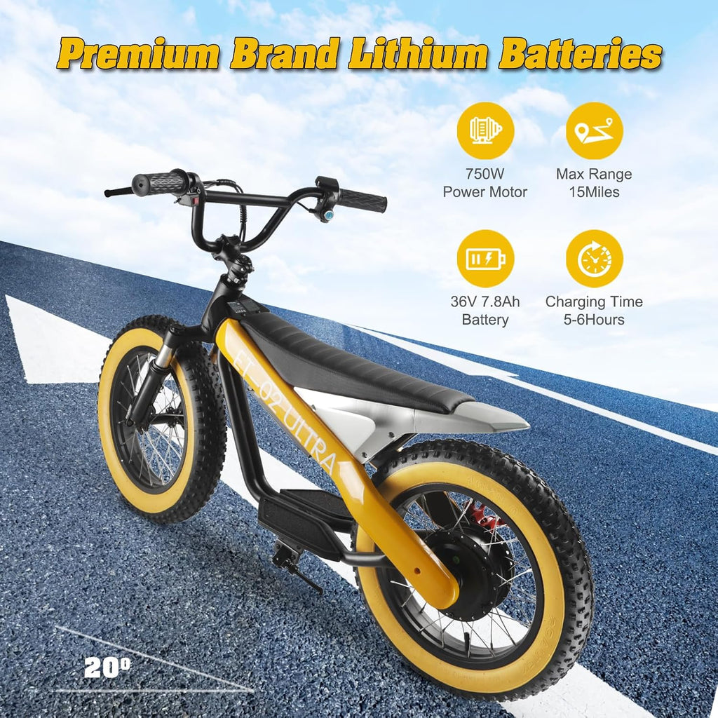 Electric Balance Bike, 750W Motor, 18Miles Long Range & 19Mph, 16' Fat Tire Electric Dirt Bike for Ages 6-11, Front Suspension, Dual Brake Off-Road Electric Motorcycle for Boys Girls (Yellow)