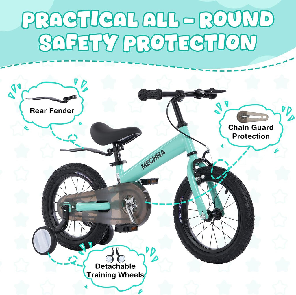 MEGHNA 2 in 1 Toddler Balance Bike 14 inch Wheel Kids Bike Aged 3-7 Years Old with Footrest Detachable Training Wheels Caliper and Coaster Brake Strider Bike for Boys Girls, Easy to Assembly