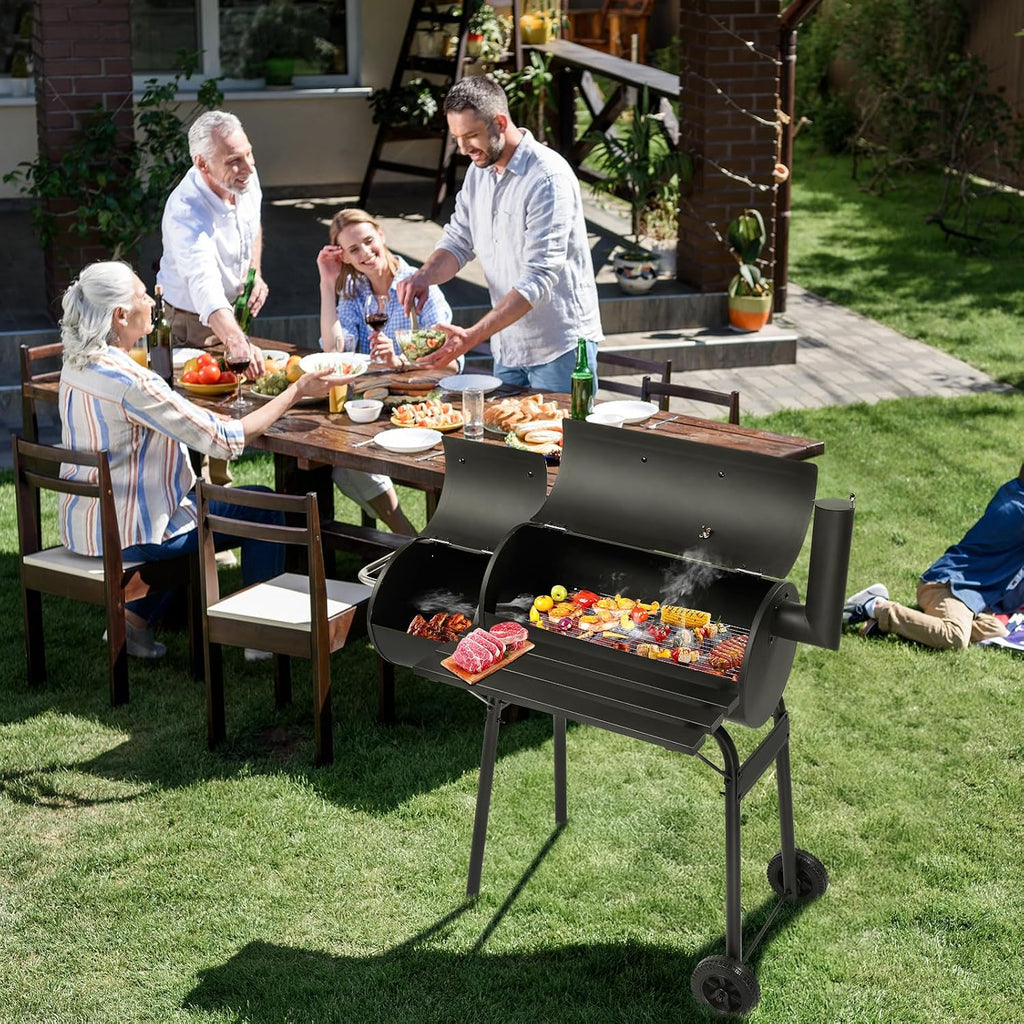 VINGLI Barrel Charcoal Grill with Offset Smoker, Large BBQ Outdoor Smoker Grill with Wheels for Party Garden Patio and Backyard Cooking 44 x 22 x 37 inch