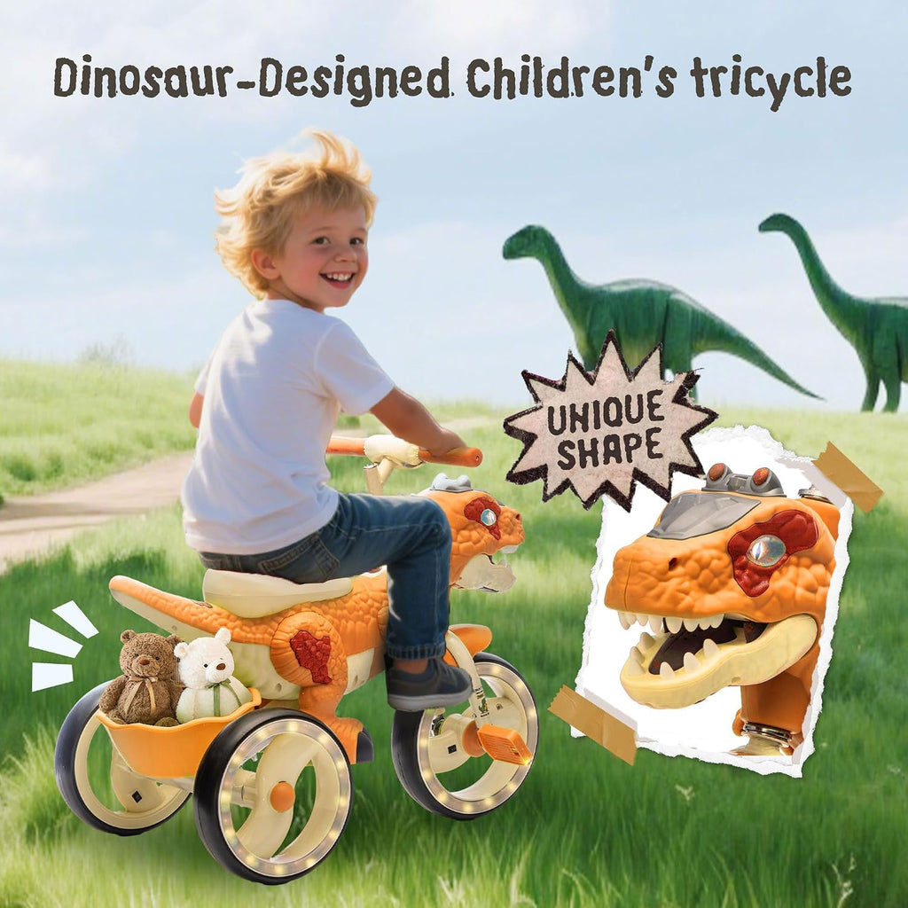 Dinosaur Kids Tricycle for Rider, Toddlers Kid Trike Bike Big Wheel with Wide Flash Wheels, Anti-Slip Pedals, Storage Basket, Music & LED Lights, Kids Bike for 3-6 Year Old Girls & Boys (Orange)