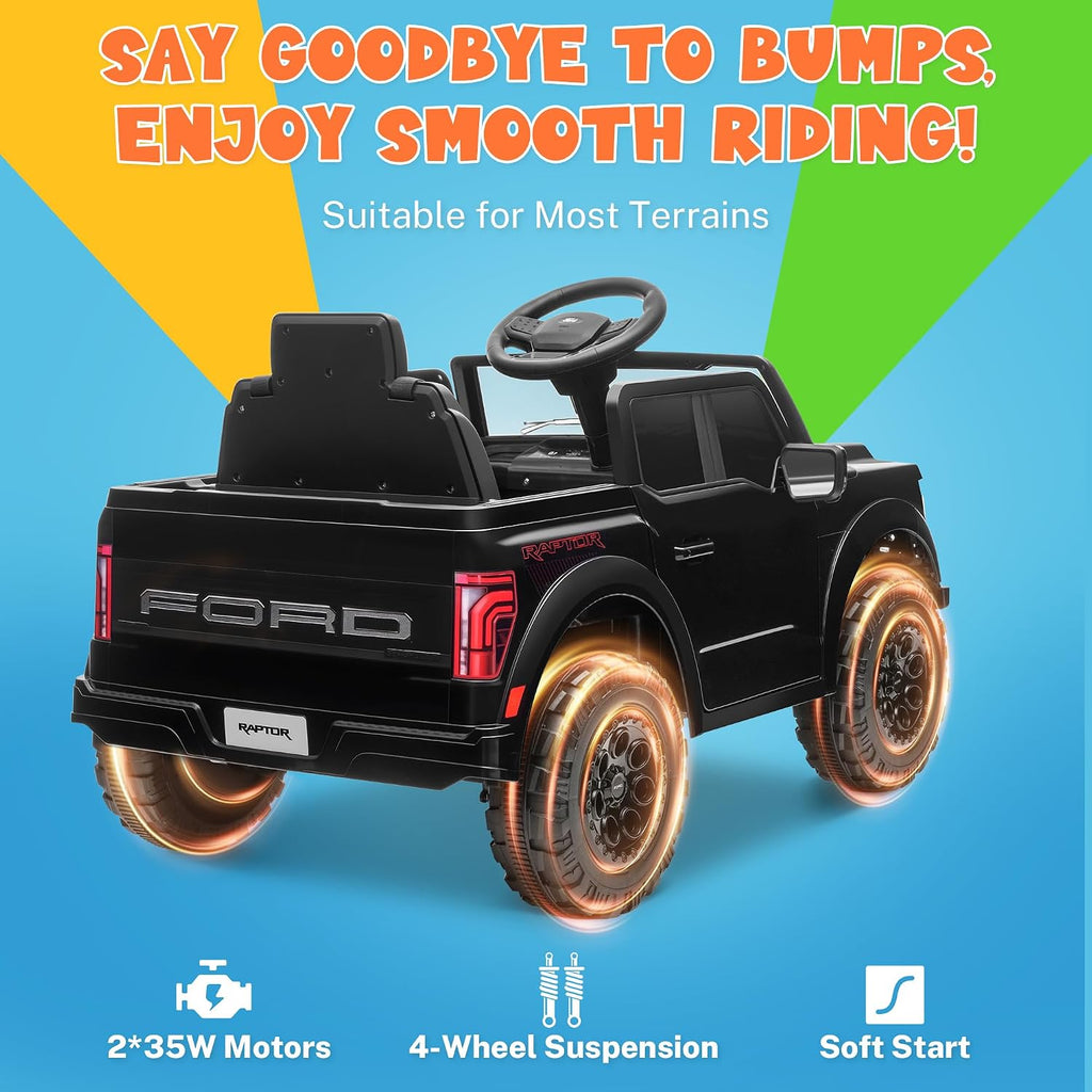 ENYOPRO 12V Kids Ride On Truck, Licensed Ford F-150 Raptor Toddler Electric Car w/Remote Control, Kids Ride On Car Toy w/LED Lights, Bluetooth Music, Lockable Doors, Safety Belt, 2 Speed (Black)