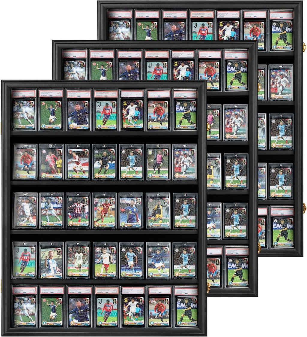 35 Graded Sports Card Display Case 3 Pack- Baseball Card Display Frame with UV Protection Clear View Lockable Wall Cabinet for Basketball Collectible Trading Card Black Finish