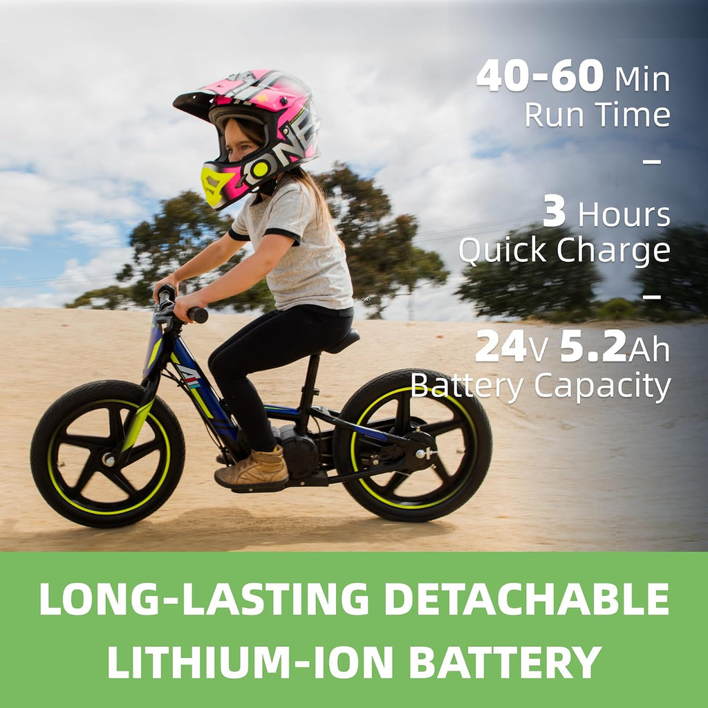 AIII Lightweight Electric Dirt Bike for Kids, 170/340W Electric Motorcycle Up to 10/12MPH, 24V Detachable Battery, Hand-Operated Dual Brakes Electric Balance Bike for Ages 3-6/5-12