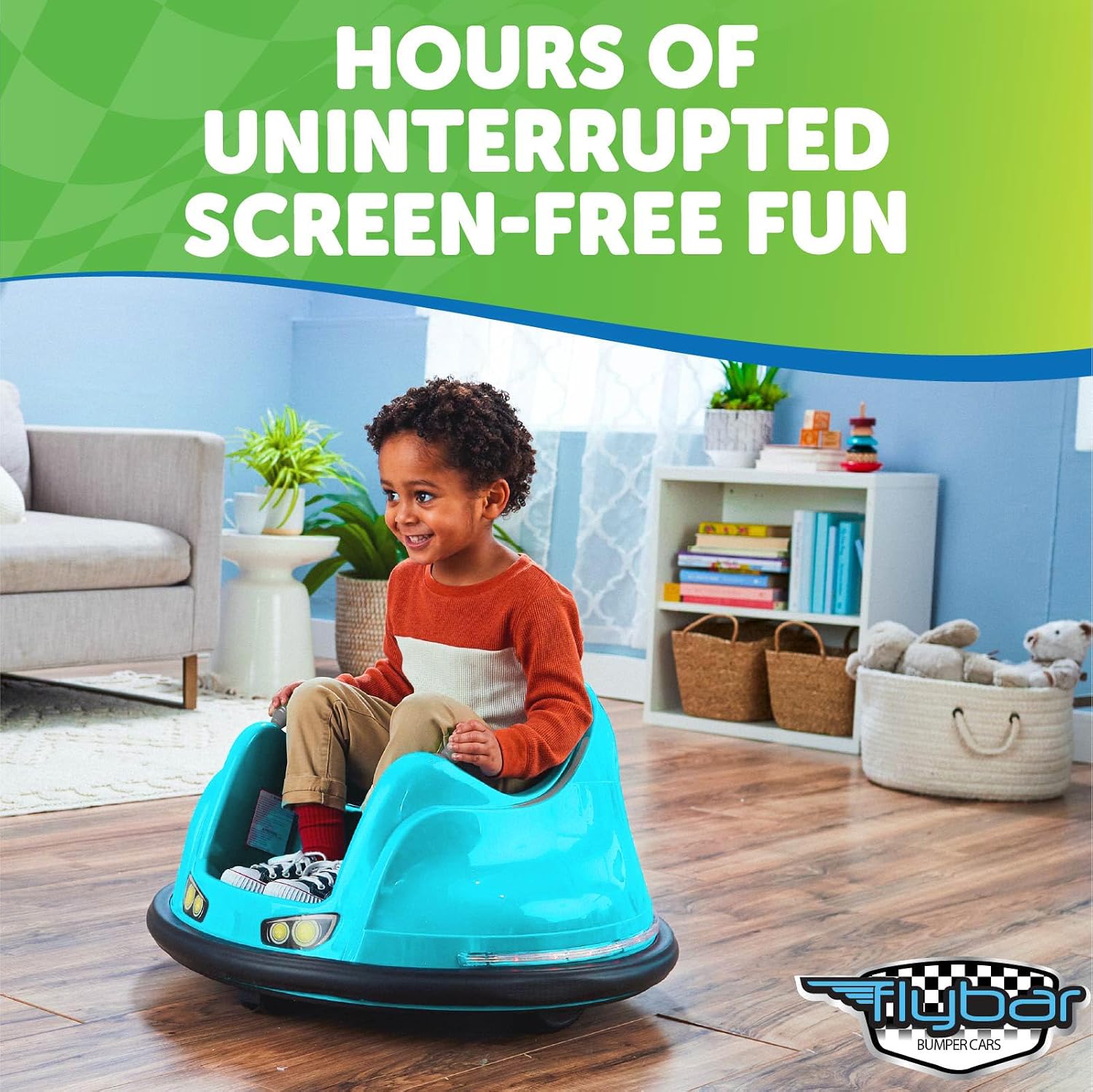 Flybar FunPark 6V Bumper Car – 360° Electric Ride-On Toy with LED Lights, Safety Seat Belt, Soft Bumpers – Indoor & Outdoor Bumper Car for Kids Ages 1.5-4 Years, Supports Up to 66 lbs (No Remote)