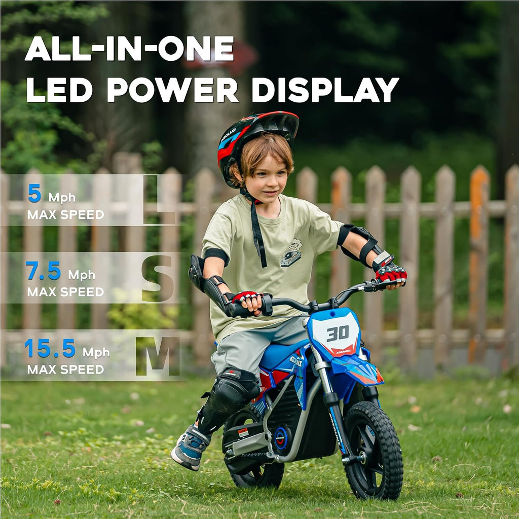 AIII 36V Electric Dirt Bike for Kids 3-8, High Performance 250W Racing Grade Motorcycle, Up to 15.5MPH, 3 Speed Settings, 12-Inch Off-Road Tires, Rear Disc Brakes & Advanced Shock Absorption, Blue