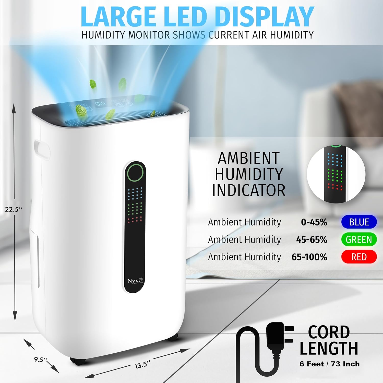 Nyxi 4,500 Sqft / 50 Pints Powerful Compressor Dehumidifier, Smart Digital Humidity Control, XL Water Tank 1.7 Gallon, Drain Hose Option, 24-Hour Timer, Removes Moisture for Home, Laundry, Office