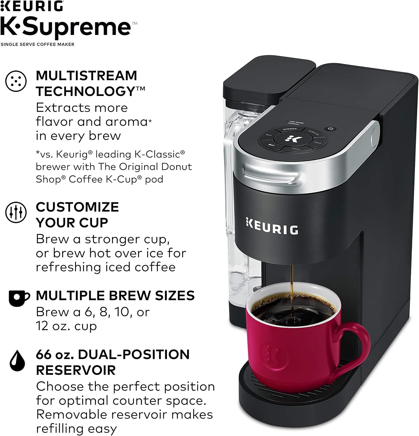 Keurig® K-Supreme Single Serve K-Cup Pod Coffee Maker, MultiStream Technology, Black & Travel Mug Fits K-Cup Pod Coffee Maker, 1 Count (Pack of 1), Stainless Steel