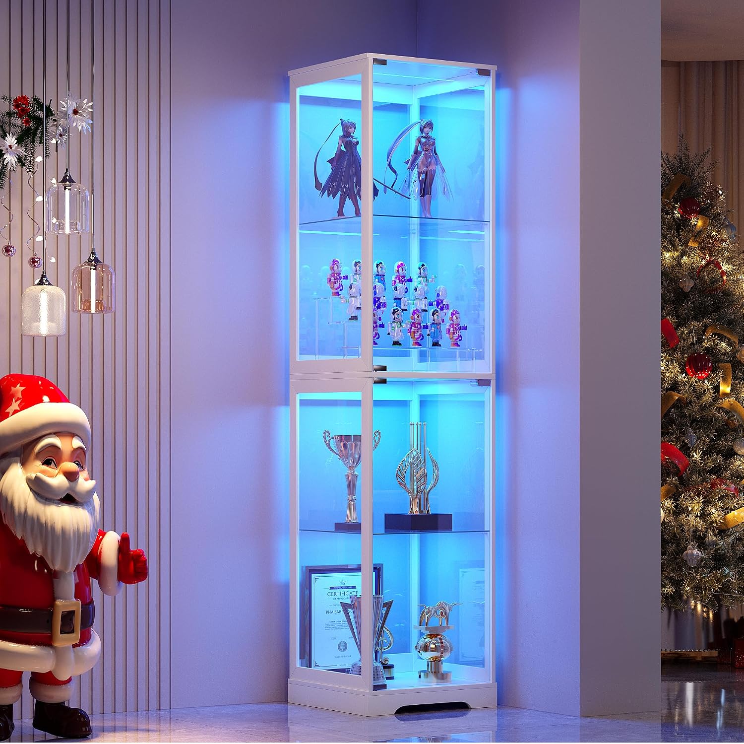 Glass Display Cabinet with Doors, 65' Tall 4-Tier Curio Display Case with 3 Color Lights and Human Body Sensor, Bookcase for Collectibles, White