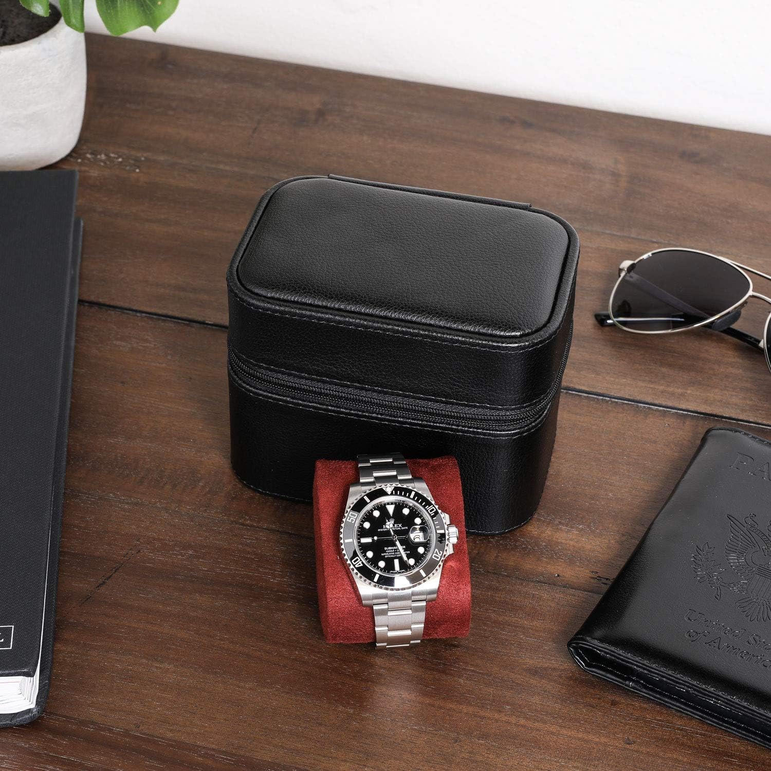ROTHWELL Gift Set 6 Slot Leather Watch Box and 2 Watch Travel Case - Luxury Case Organizer, Microsuede Liner, Locking Mens Jewelry Watches Holder, Storage Boxes Glass Top (Black/Red Gift Set)