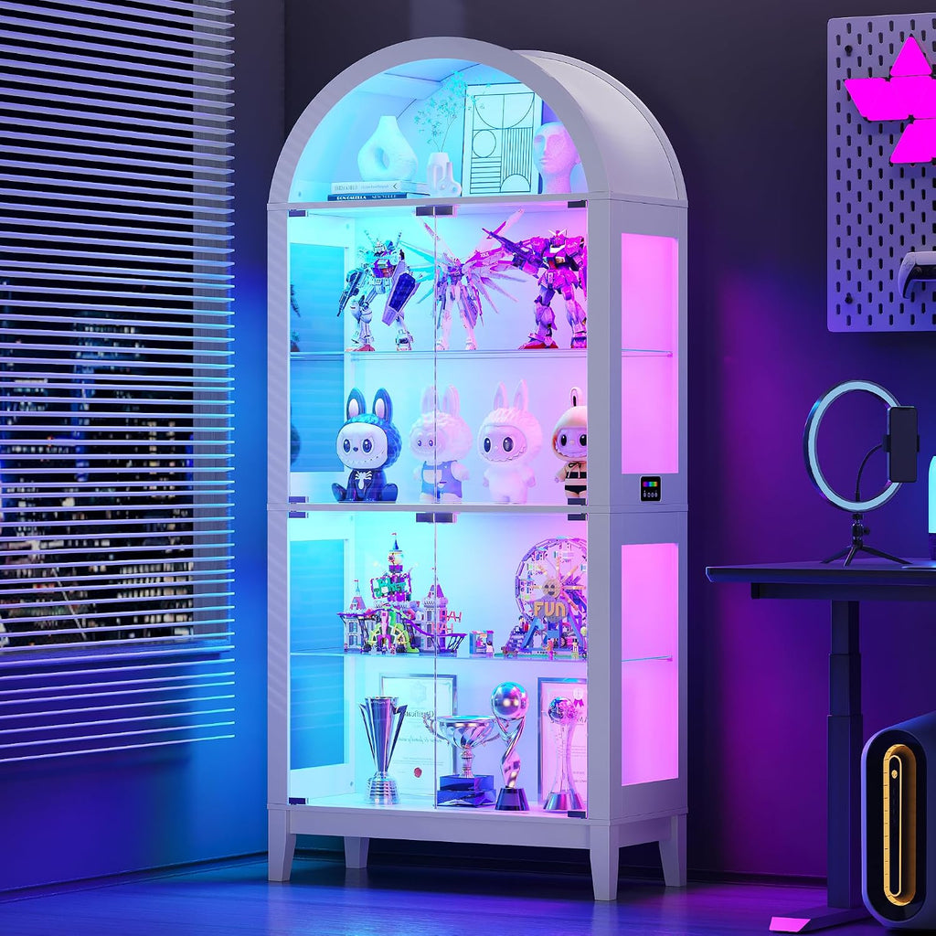 Lvifur Display Cabinet with -RGB Lights, 5-Tier 68.9' Arched Curio Cabinet with Glass Door for Collectibles, Display Case with Glass Shelves, Motion Sensor, Storage Cabinets,Bookcase,White